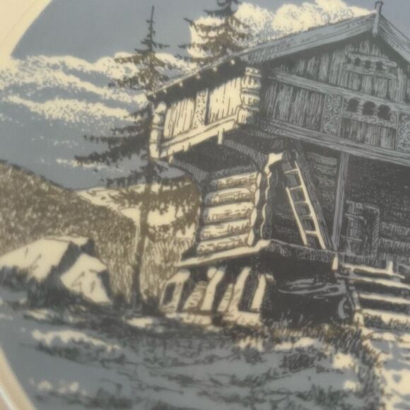 Vintage 1964 Porsgrund Norway Blue & White Winter Log Cabin 7" Collectors Plate - Picture 9 of 10